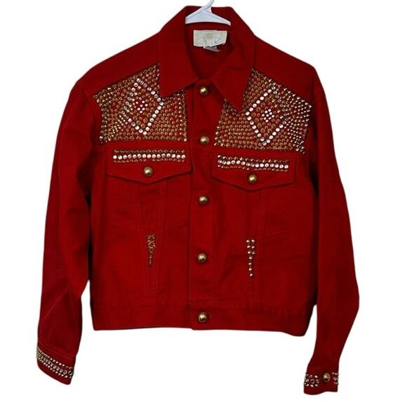 Cache Red Denim Studded Embellished Red Jacket and Jeans Size S/8 Rodeo Glam - Picture 2 of 13